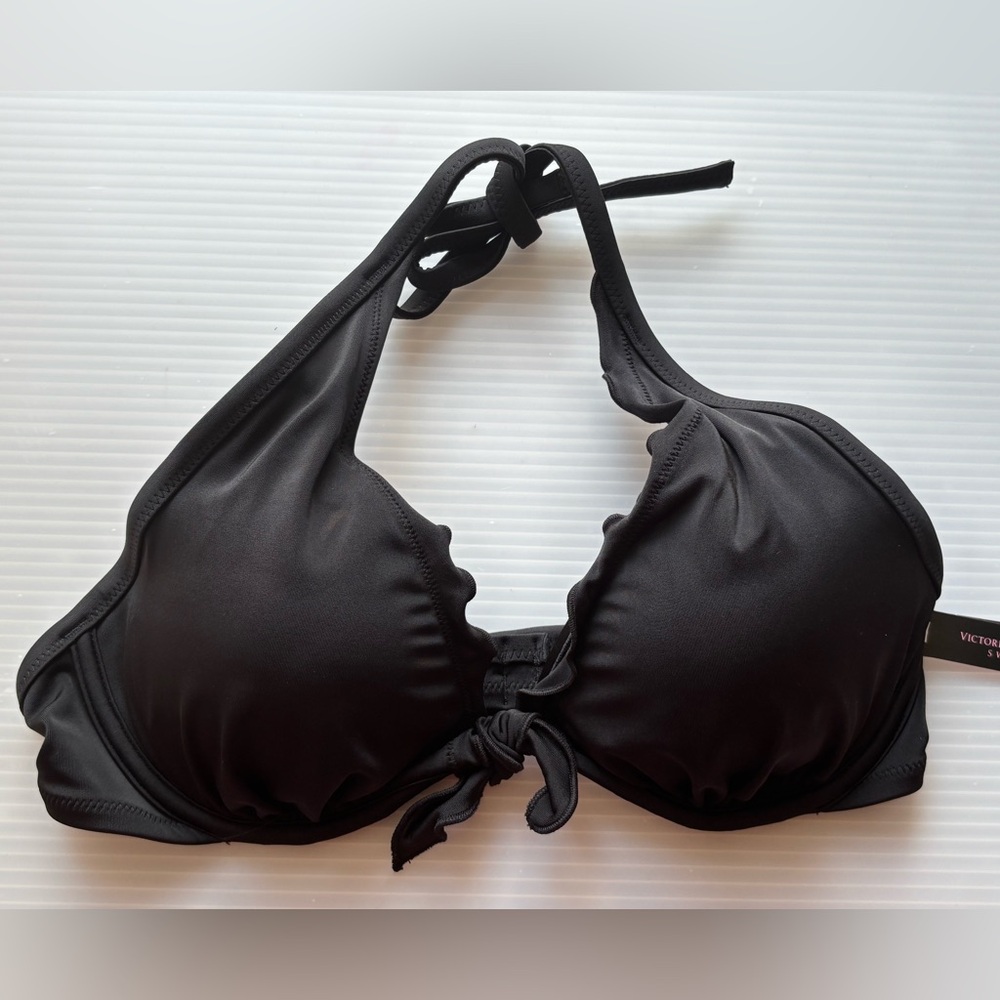 Victoria's Secret Swim Top 36C Black Ruffle Capri Halter Bikini NWT